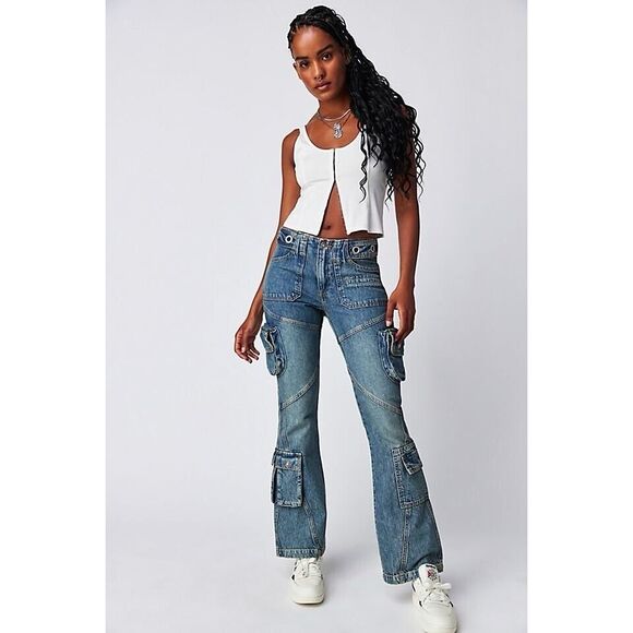New Free People We The Free Call Me Crazy Cargo Jeans Ballistic Blue Size 32 - Picture 1 of 11
